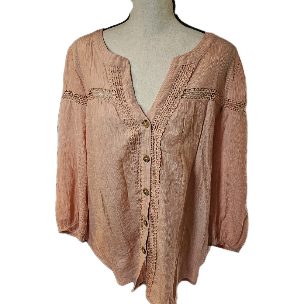 Perch By Blu Pepper Pink Gauze Crochet Trim Women's SZ 2XL Boho,Hippie,Peasant,